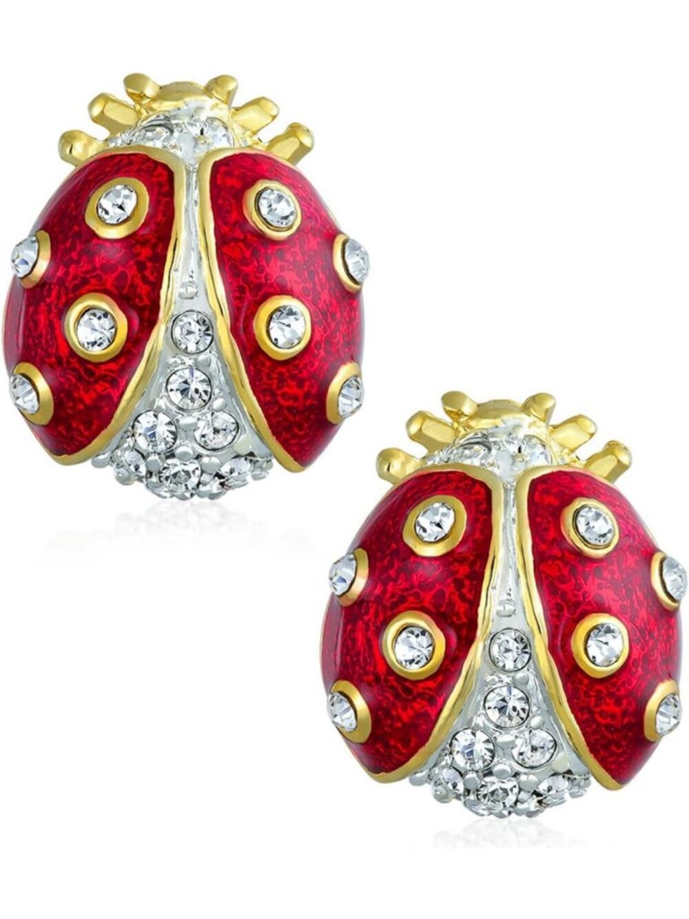 Charming Red Ladybug Insect Crystal Lapel Pins Set of 2 - Gold Plated Accents